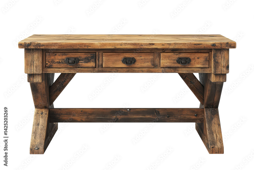 Rustic Farmhouse Console Table with Three Drawers Aged Wood Finish Sturdy X Base Design Perfect on transparent background Rustic Farmhouse Console Table with Three Drawers Aged Wood Finish Sturdy X Base Design Perfect on transparent background