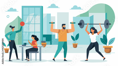 In the office courtyard a group of employees are doing a bootcampstyle workout using office supplies as weights in their innovative lunch break. Vector illustration