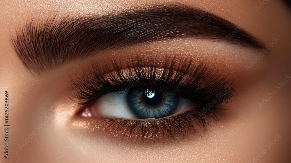 Obraz premium Close-up of beautifully made-up eye with glamorous lashes and eyeshadow