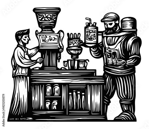 Detailed Engraving of Vintage Coffee Shop Scene with Barista and Customer