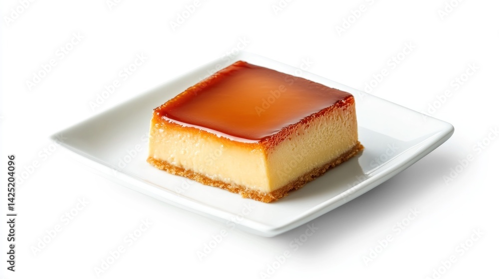 Square slice of caramel-topped cheesecake on a white plate Square slice of caramel-topped cheesecake on a white plate