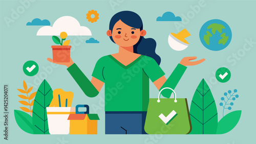 A blogger offering advice on how to thrift shop efficiently and effectively emphasizing the benefits for both the environment and ones wallet.. Vector illustration