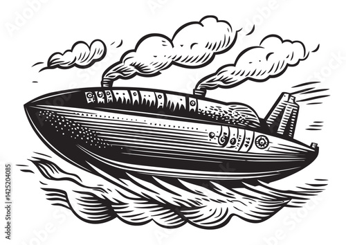 Vintage Engraving of a Steampunk Submarine in Motion