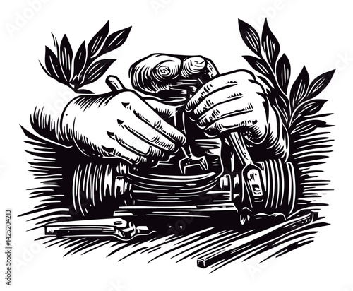 Detailed Engraving of Hands Crafting Tools and Nature Elements