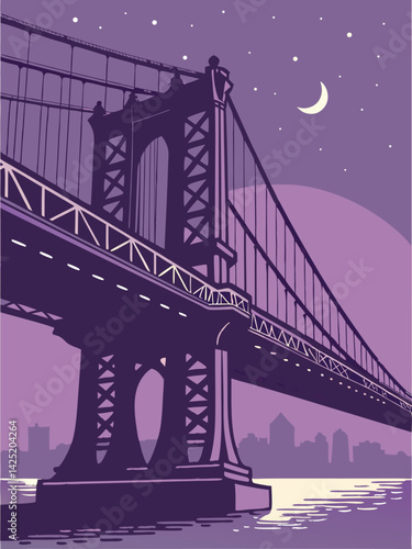 Manhattan Bridge at Night Illustration, Purple Tones, Art Deco Style, NYC Skyline, Crescent Moon, Suspension Bridge, Vector