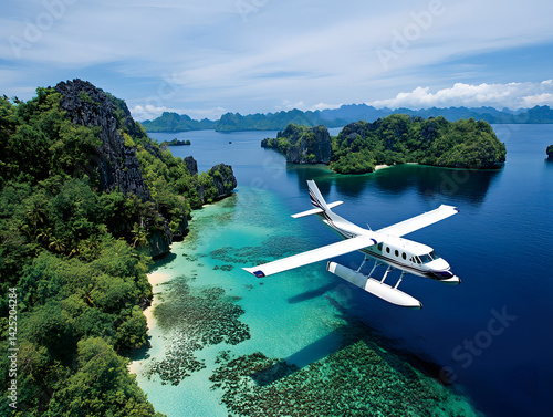 Wallpaper Mural Seaplane flying over tropical islands, turquoise water, lush greenery Torontodigital.ca