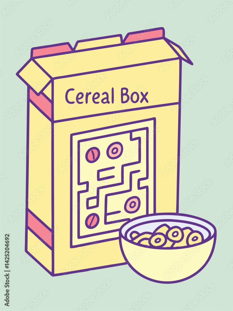 Cartoon Cereal Box Illustration: Yellow Box with Pink Accents, Bowl of Cereal, Simple Line Art, Breakfast Food, Light Green Background Cartoon Cereal Box Illustration: Yellow Box with Pink Accents, Bowl of Cereal, Simple Line Art, Breakfast Food, Light Green Background
