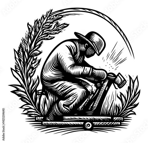 Detailed Engraving of Craftsman Working on Wood in Vintage Style