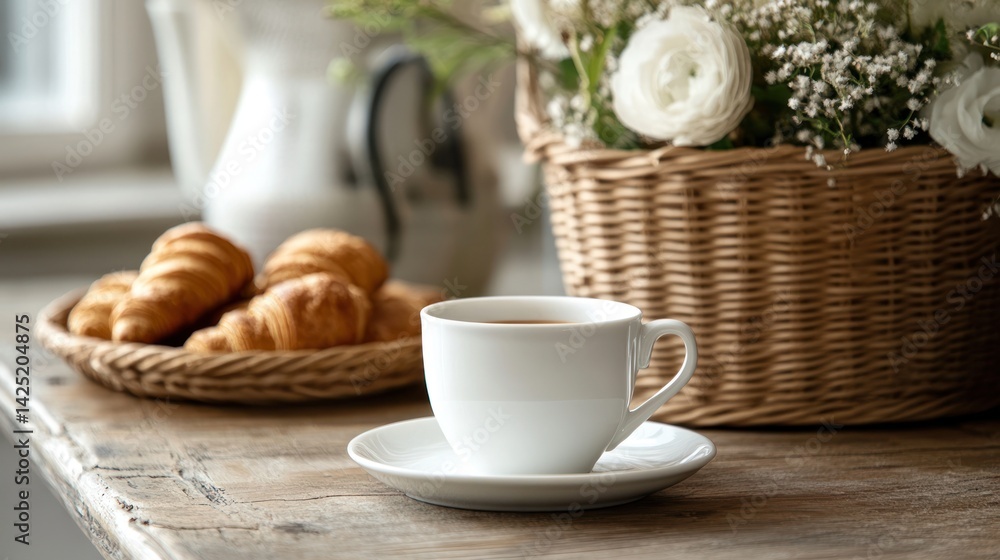 Morning coffee and croissants on rustic table with flowers Morning coffee and croissants on rustic table with flowers