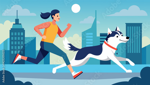 A jogger races through the city streets with their energetic husky eagerly keeping pace.. Vector illustration