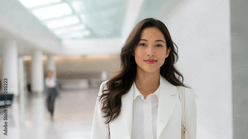 Confident Businesswoman Walking Through Modern Lobby, Front Tracking Shot, 4K Confident Businesswoman Walking Through Modern Lobby, Front Tracking Shot, 4K