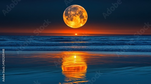 Stunning sunset over the ocean with a vibrant orange moon