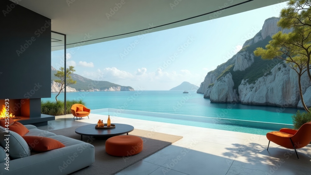 Fototapeta premium Modern living room with ocean view featuring surreal vibrant design elements and artistic touches for a stylish look