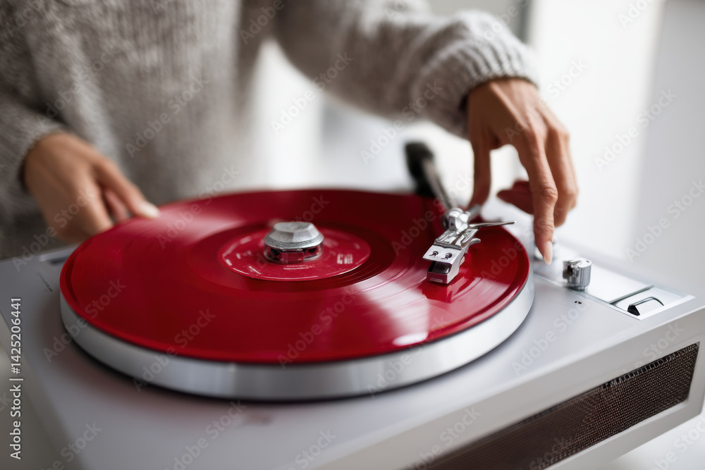 Obraz premium Woman putting red vinyl record on record player