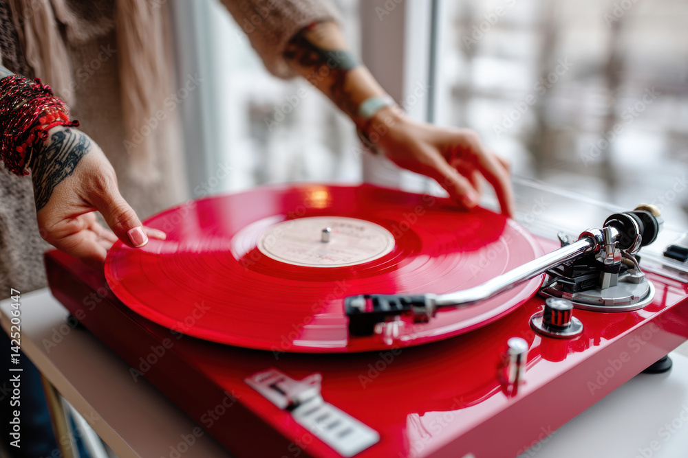 Woman putting red vinyl record on record player