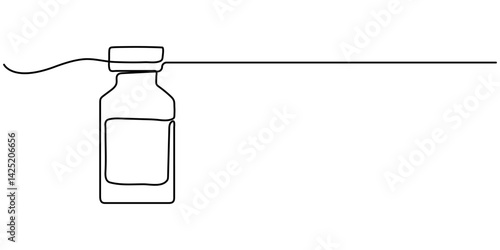 Medical Vaccine bottle with liquid drug in continuous one line drawing vector illustration, Medical syringe and bottle with liquid drug in continuous line art drawing style. Treatment. 