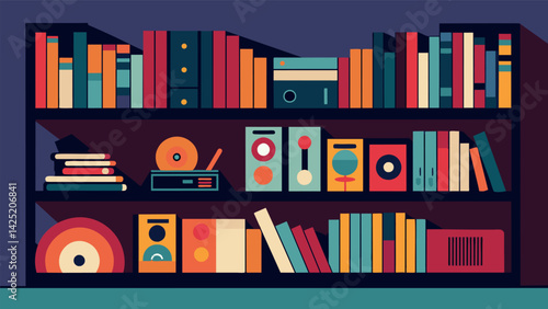 A collection of rare and limited edition vinyl releases are proudly displayed on a shelf representing the producers dedication to seeking out unique Vector illustration