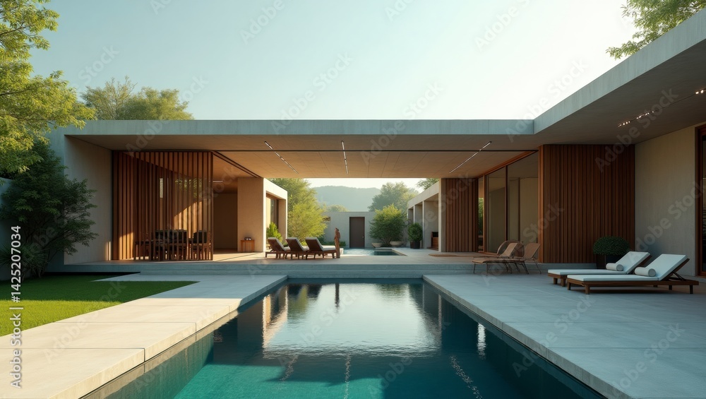 Fototapeta premium Modern pool area with comfortable lounge chair surrounded by serene environment and vibrant colors for relaxation