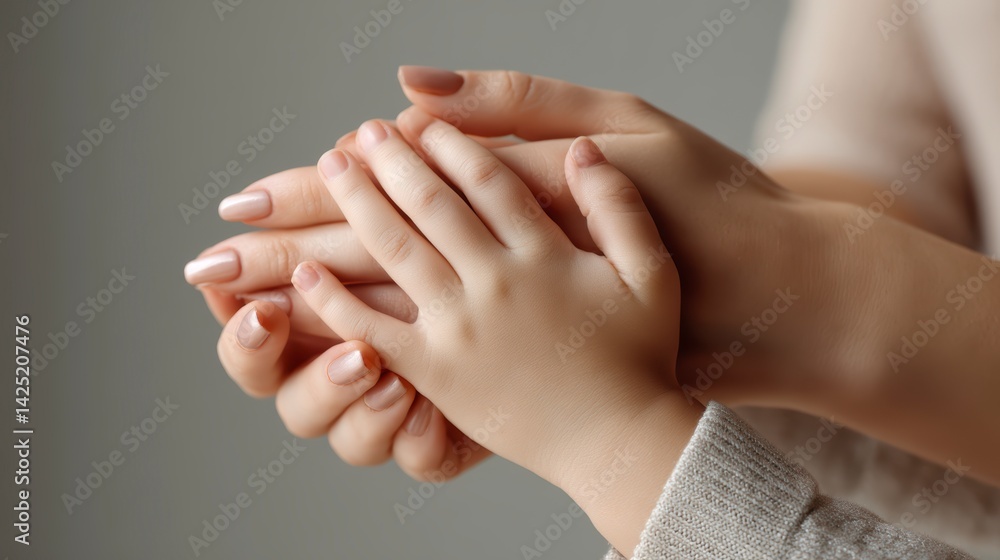 Close-Up of Mother's Hands Holding Child's Hands, Emotional Mother’s Day Image Close-Up of Mother's Hands Holding Child's Hands, Emotional Mother’s Day Image
