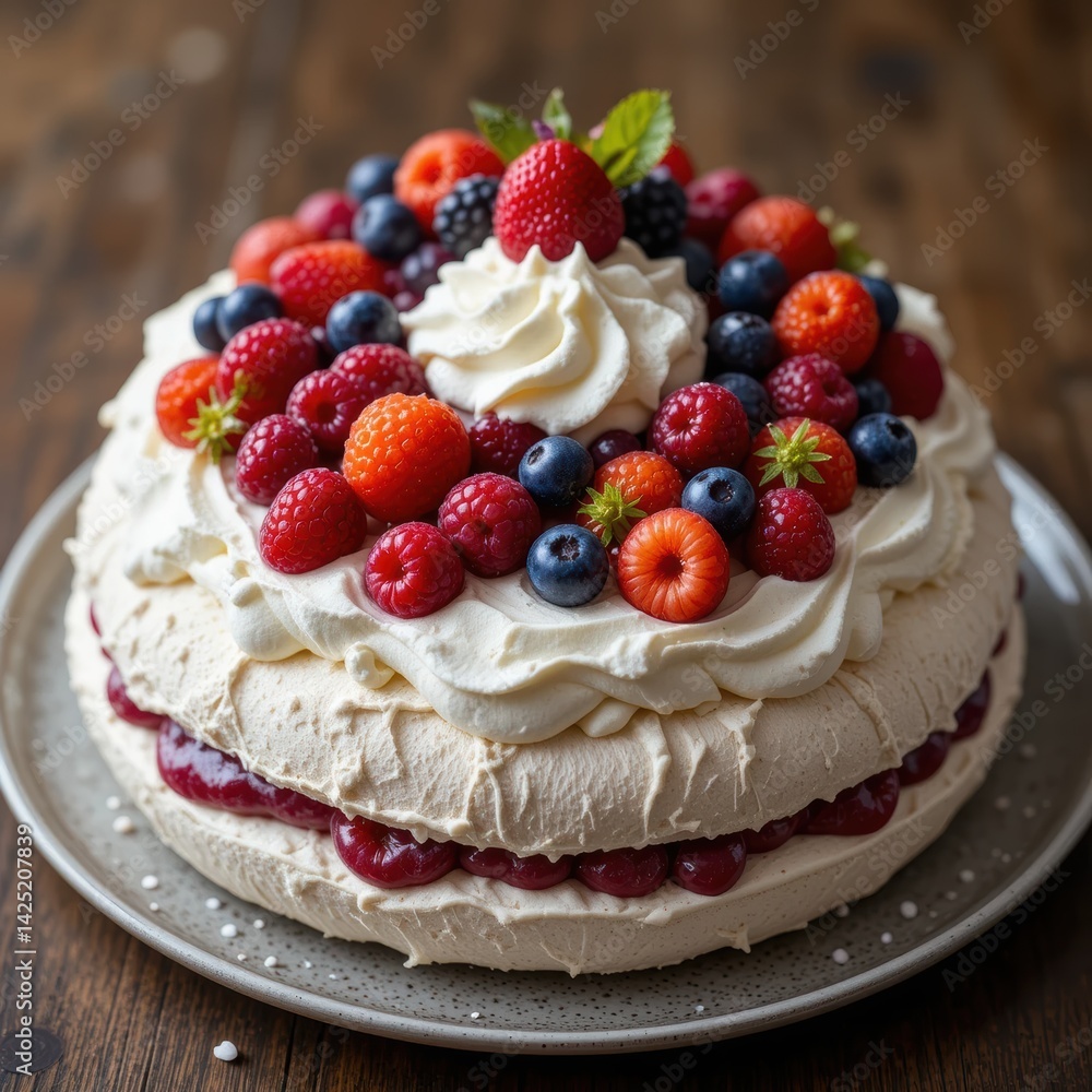 Delicious Pavlova Dessert Featuring Crisp Meringue Shell Topped with Whipped Cream and Fresh Berries for a Sweet Treat Delicious Pavlova Dessert Featuring Crisp Meringue Shell Topped with Whipped Cream and Fresh Berries for a Sweet Treat