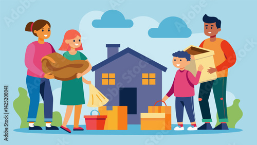 A local family receiving a donation of clothes and household items from the thrift store to help them get back on their feet after a fire destroyed. Vector illustration