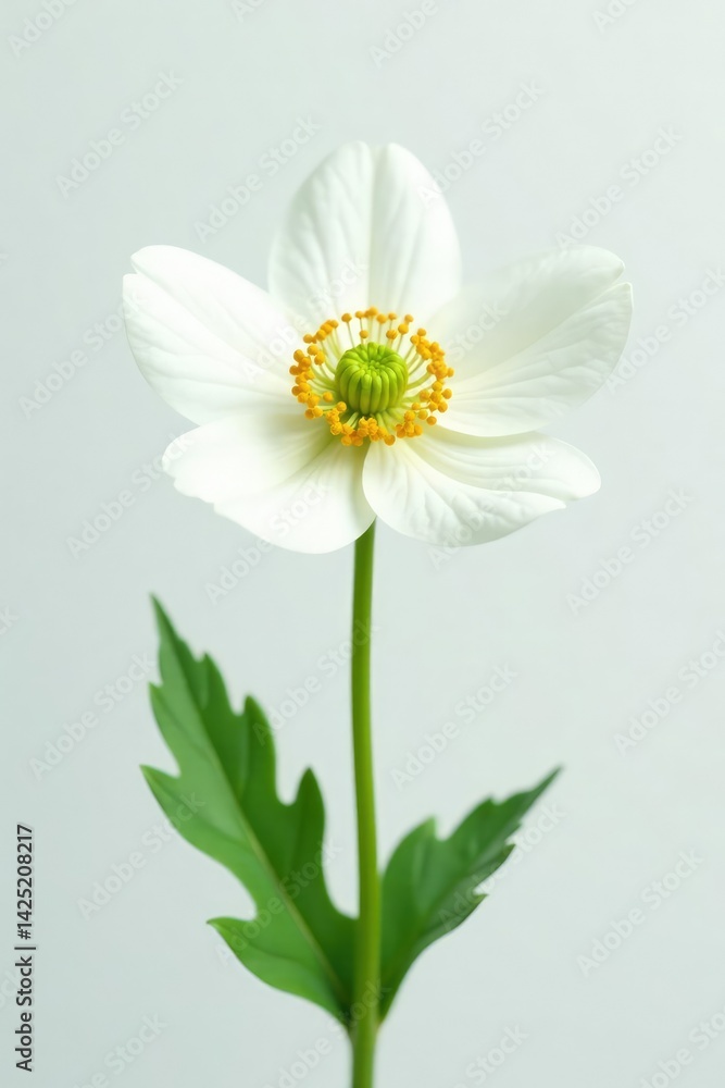 Fototapeta premium Delicate anemone flower in bloom with pure white and green on a minimalist background, isolation, whites