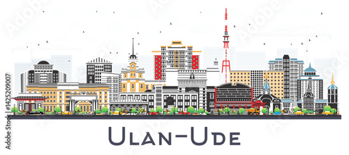 Ulan-Ude Russia city skyline with color buildings isolated on white. Ulan-Ude cityscape with landmarks. Business travel and tourism concept with modern and historic architecture.