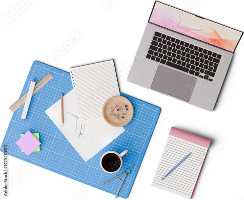 top view of desk with sketch, notes, and papers