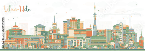 Ulan-Ude Russia city skyline with color buildings. Ulan-Ude cityscape with landmarks. Business travel and tourism concept with modern and historic architecture.