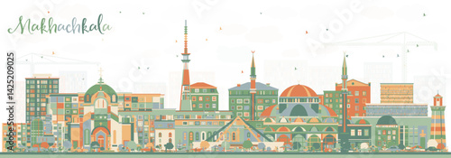 Makhachkala Russia city skyline with color buildings. Makhachkala cityscape with landmarks. Business travel and tourism concept with modern and historic architecture.