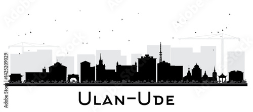 Ulan-Ude Russia city skyline silhouette with black buildings isolated on white. Ulan-Ude cityscape with landmarks. Business travel and tourism concept with modern and historic architecture.