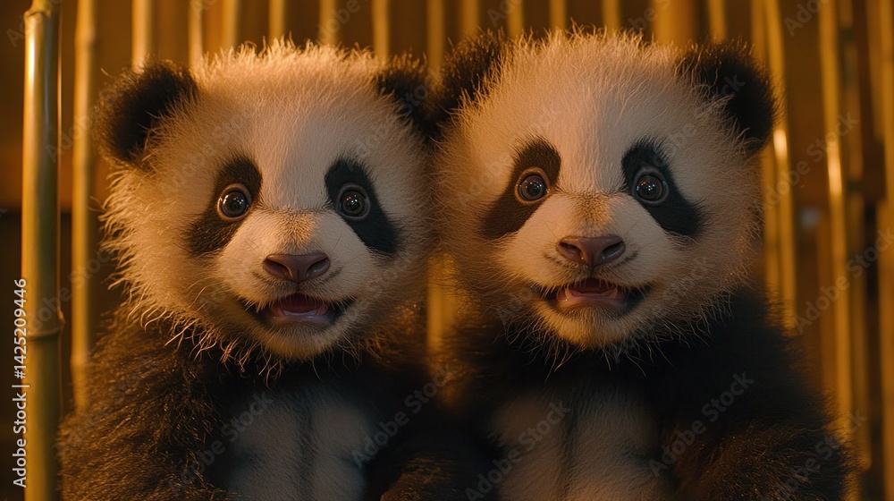 Two adorable panda cubs in a bamboo enclosure Two adorable panda cubs in a bamboo enclosure