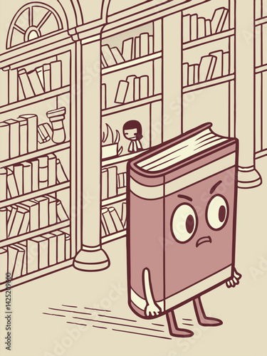 Cartoon Book Character in Library: Angry Book Illustration, Library Setting, Book with Arms and Legs, Whimsical Art Style