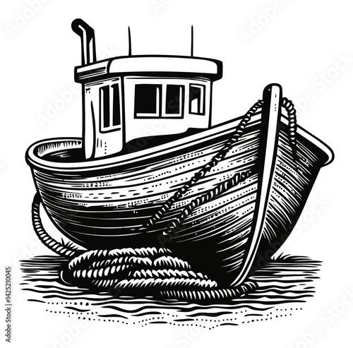 Traditional Fishing Boat Engraving Illustration for Coastal Art