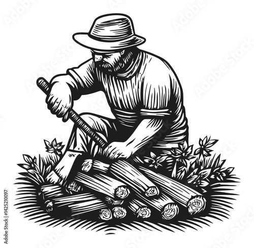 Detailed Black and White Engraving of Man Chopping Wood in Nature