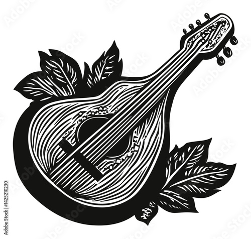 Vintage Engraving of a Musical Instrument Surrounded by Foliage