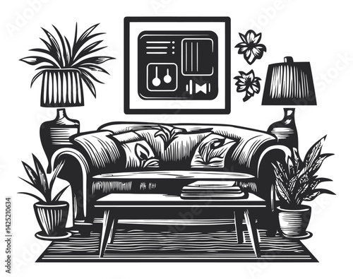 Cozy Living Room Engraving with Plants and Decor Elements