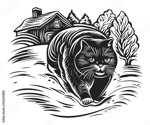 Black and White Engraving of a Cat Walking Near a House and Trees