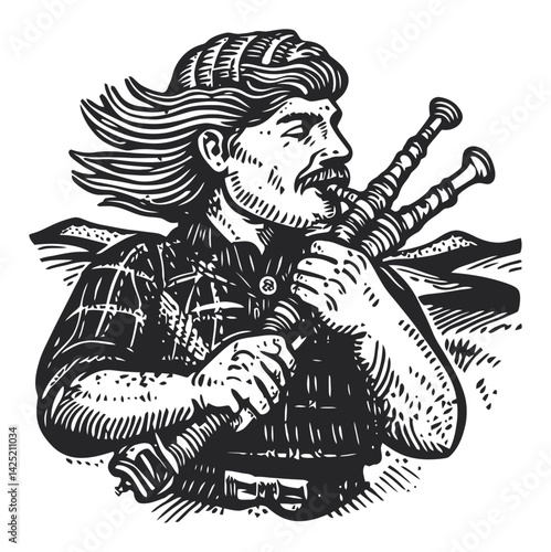Engraving of a Musician Playing Bagpipes in Scenic Landscape