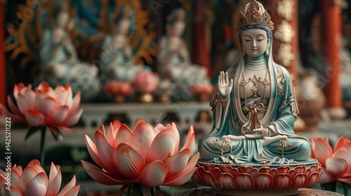Serene Guan Yin Statue in Temple Setting with Lotus Flowers Beautiful Asian Goddess Figurine