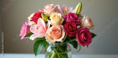 Freshly cut mixed flower arrangement with roses and lilies in a glass vase, vase, freshly