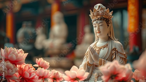 Serene Guan Yin Statue in Temple Setting with Pink Flowers Peaceful Buddhist Goddess Figurine