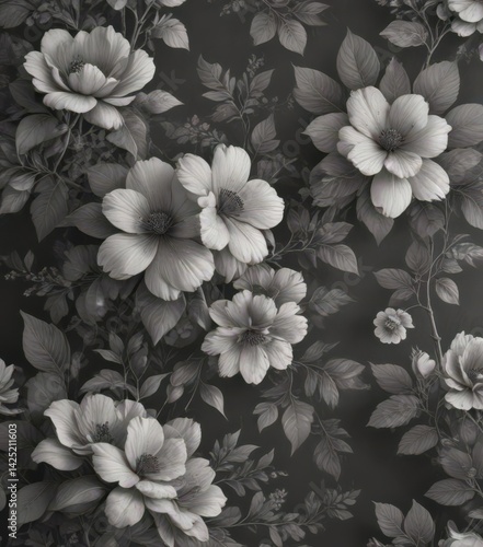 Subtle charcoal floral wallpaper, vintage print  Delicate blooms & leaves , mini, white