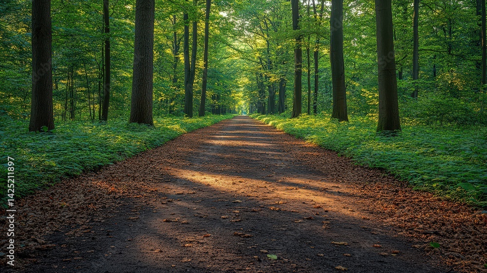Obraz premium Sunlight filtering through tranquil forest path lined with verdant foliage