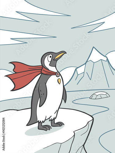Cartoon Penguin Superhero with Red Cape Standing on Ice Cliff in Snowy Landscape