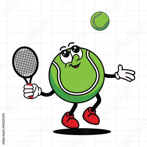 A green tennis ball character playing tennis, ready to hit the ball with a racket, wearing red shoes and a serious expression.