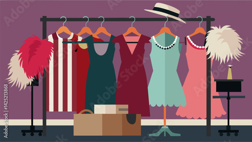 A clothing rack filled with 1920s flapper dresses feather boas and cloche hats.. Vector illustration