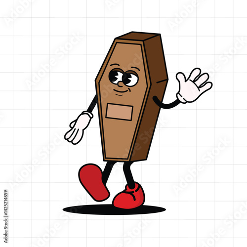 A coffin character casually walking while waving, with a slight smile, wearing red shoes.