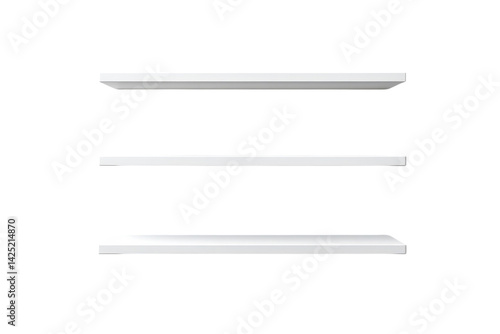 Three minimalist white shelves isolated on black background perfect for product display mockup or graphic design element with clean lines on transparent background