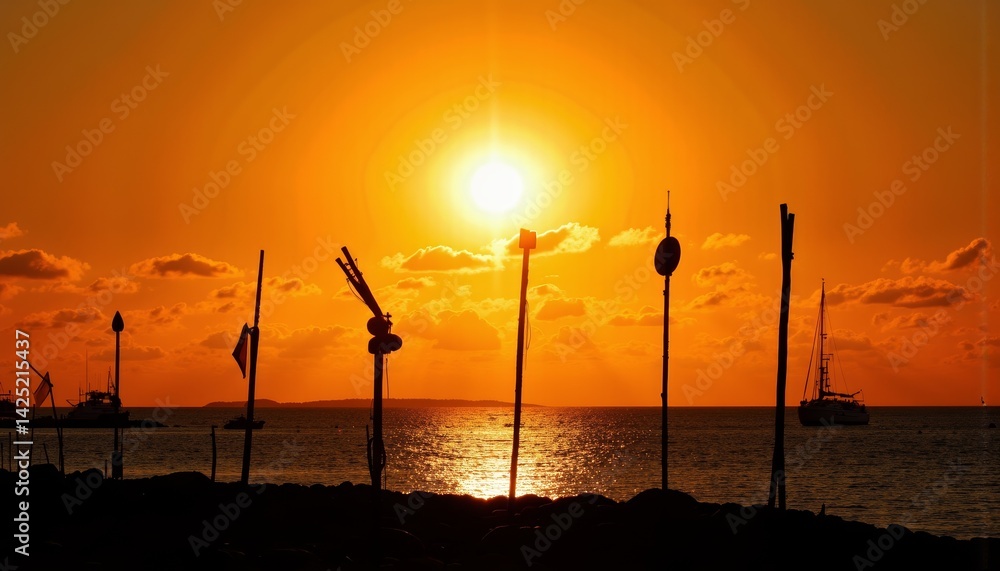 Obraz premium Sunset over Water with Silhouettes of Masts and Poles 